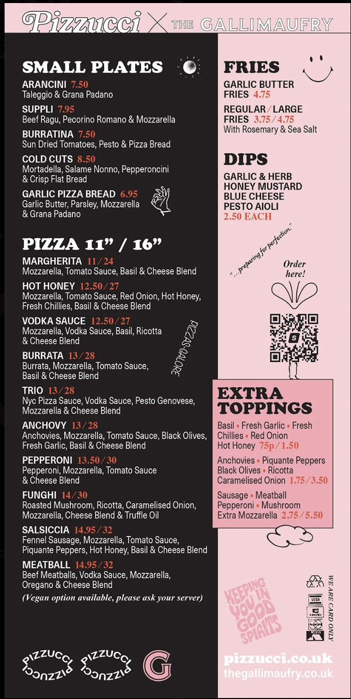 Pizzucci x The Gallimaufry menu showing small plates, pizza, fries, dips and extra toppings.